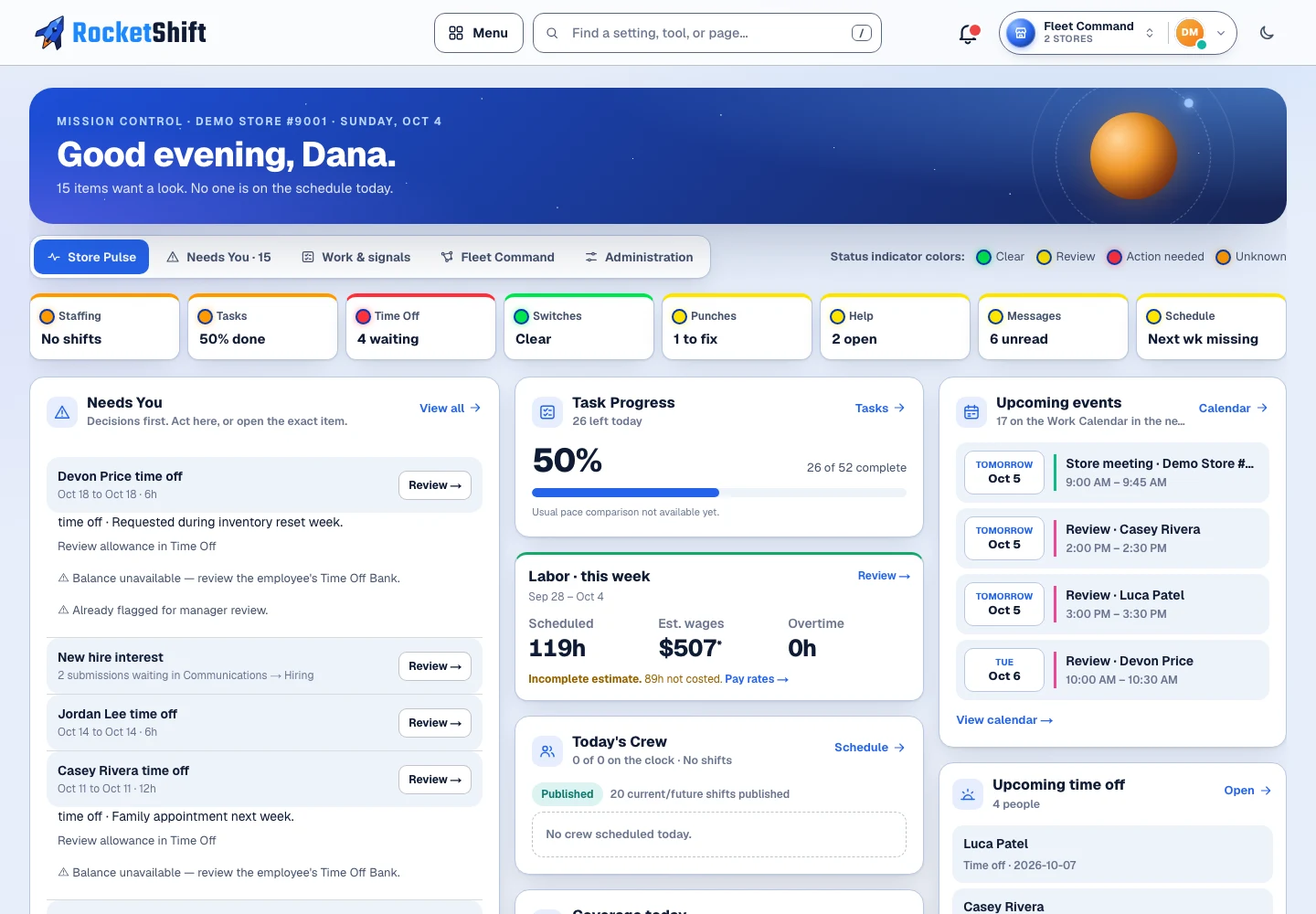 RocketShift web dashboard with fictional demo crew and task information