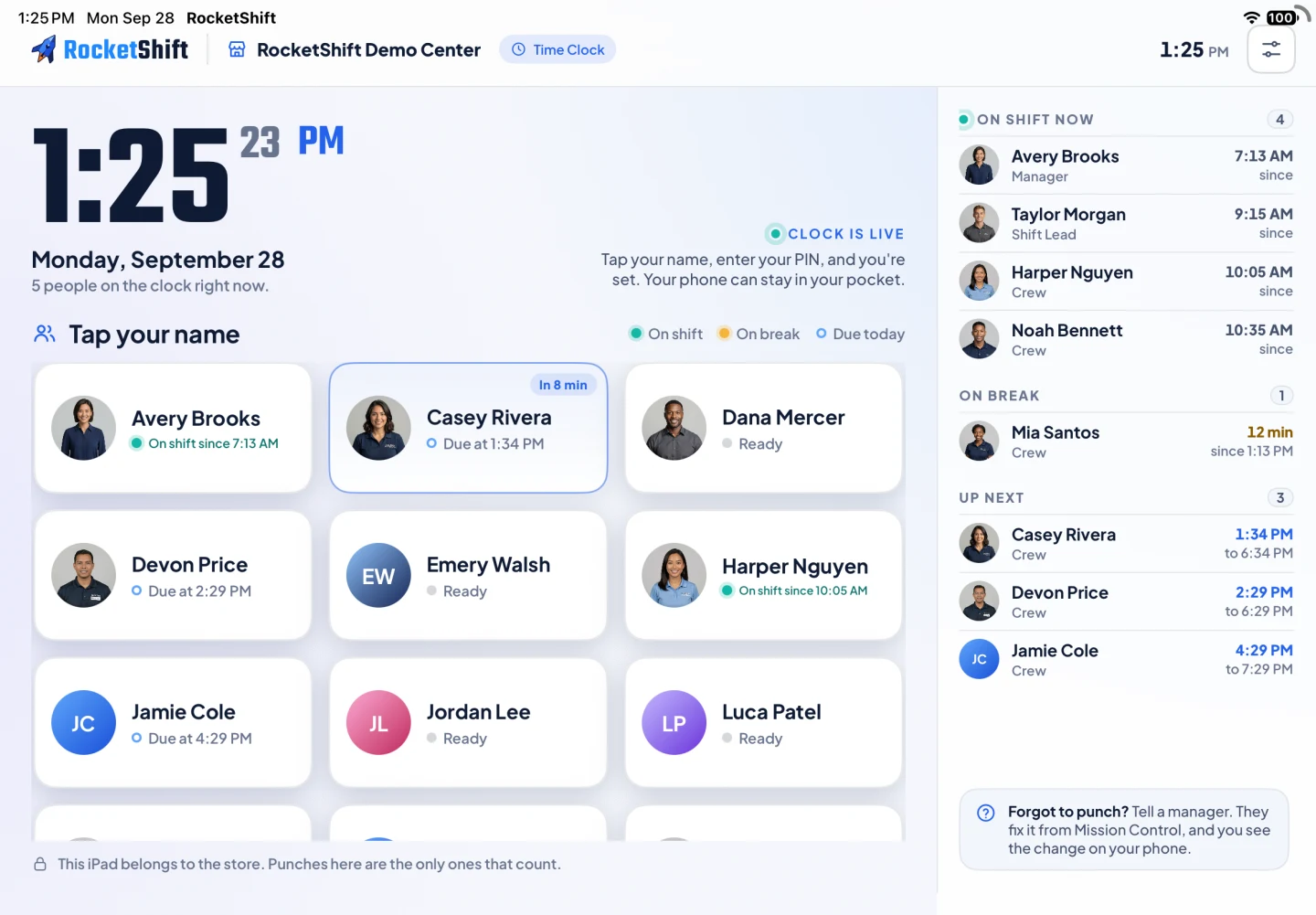 RocketShift iPad time clock design preview with fictional demo crew